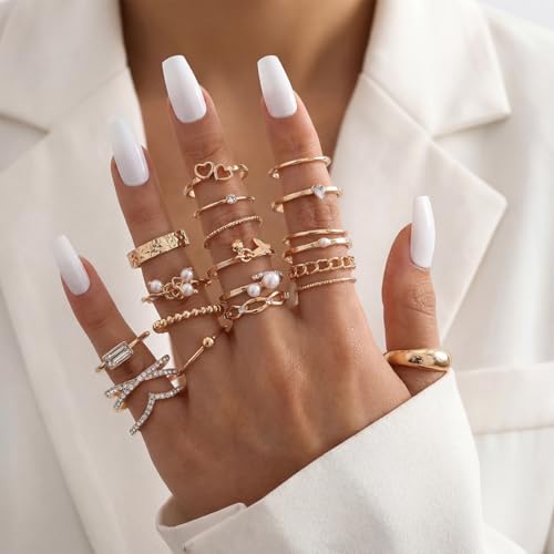 42-Piece Gold Tone Stackable Ring Set for Women, Boho Minimalist Stacking Rings with Crystal & Heart Accents, Adjustable Open Band Jewelry for Daily Wear - style: TZJ-003351-01