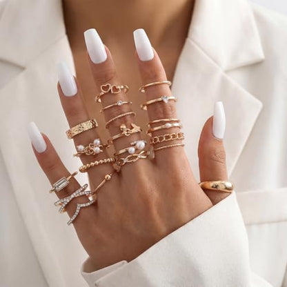 42-Piece Gold Tone Stackable Ring Set for Women, Boho Minimalist Stacking Rings with Crystal & Heart Accents, Adjustable Open Band Jewelry for Daily Wear - style: TZJ-003351-01