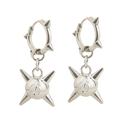 Goth Spiked Morning Star Earrings, 3D Stainless Steel Punk Dangle Huggie Earrings, Unisex Edgy Gothic Spike Jewelry for Women & Men
