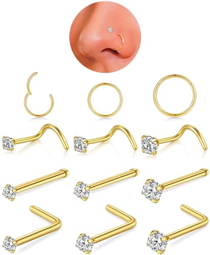 AMASIS Nose Rings and Nose Studs Set, Stainless Steel Hinged Nose Hoops and CZ Studs, Select Sizes and Styles for Nostril Septum Cartilage Piercing Jewelry - color: Gold, size: 12-Piece,Hoops and Studs Sets