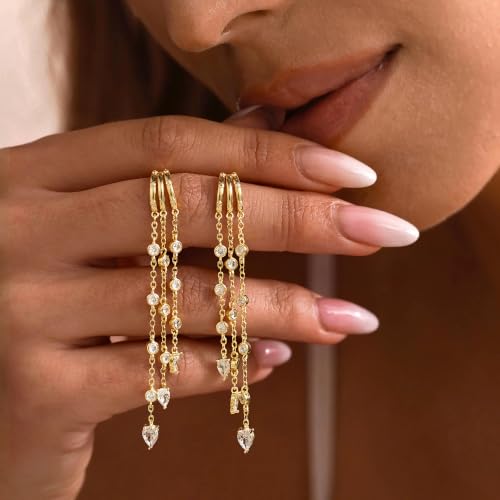14K Gold Plated Dangle Earrings for Women, Dainty Hoop Huggie Studs, Long Hanging Tassel Chain Multi Pierced Ear Stacking Jewelry Gifts - color: CZ Drop Dangle-Gold