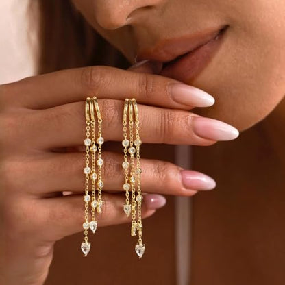14K Gold Plated Dangle Earrings for Women, Dainty Hoop Huggie Studs, Long Hanging Tassel Chain Multi Pierced Ear Stacking Jewelry Gifts - color: CZ Drop Dangle-Gold