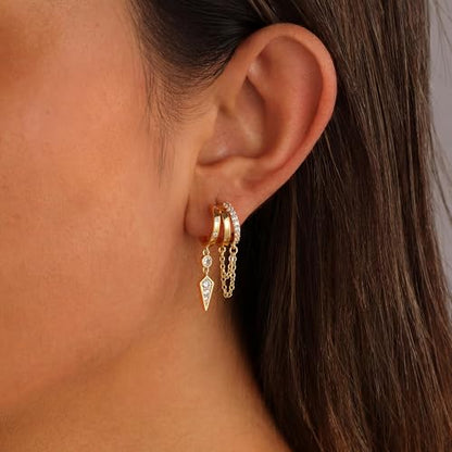 Gold Dangle Earrings for Women, 14k Gold Plated Stacked Triple Hoop Illusion Earrings Cubic Zirconia Huggie Earrings for Women Trendy - color: Gold Chain Earrings
