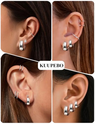 Small Chunky Hoop Earrings for Women Gold Huggie Earrings | 14K Gold Plated Non Tarnish, Hypoallergenic 925 Silver Post, Small Thick Huggie Hoop Earrings, Lightweight Small Hoops - color: Silver, size: 8mm(mini)