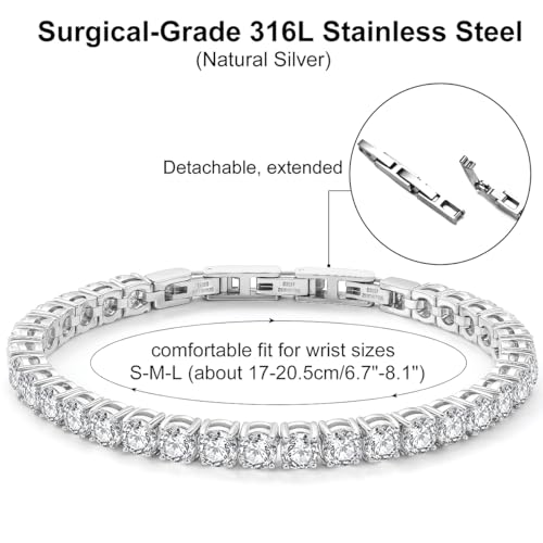 Stainless Steel Adjustable CZ Tennis Bracelet for Women Men | 14K Gold Plated, Round 3mm/4mm/5mm AAAA+ Cubic Zirconia, Dainty Classic, Festival Wedding Jewelry Gift - color: Steel, size: CZ 5mm
