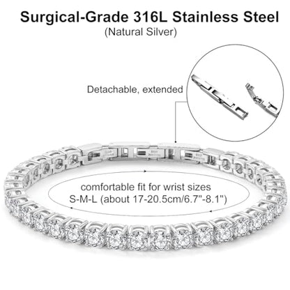 Stainless Steel Adjustable CZ Tennis Bracelet for Women Men | 14K Gold Plated, Round 3mm/4mm/5mm AAAA+ Cubic Zirconia, Dainty Classic, Festival Wedding Jewelry Gift - color: Steel, size: CZ 5mm