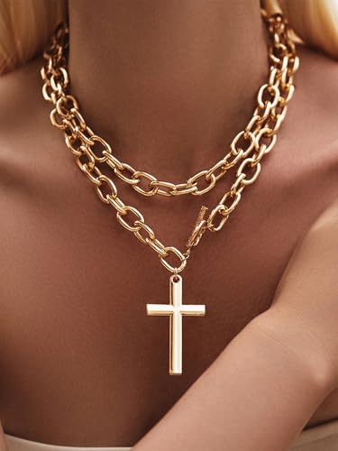Chunky Gold Cross Necklace for Women Layered Necklace Retro Big Gold Cross Pendant Necklace Statement Chunky Chain Choker Necklaces Thick OT Buckle Chain Long Necklace Jewelry - style: Style1-gold