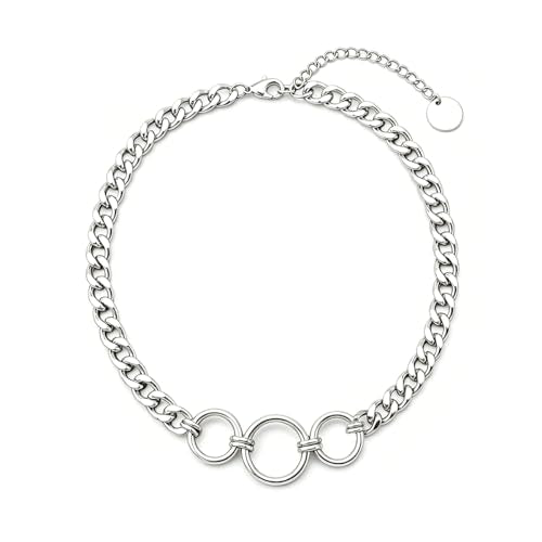 Punk O-Ring Choker Necklace for Women Men Non tarnish Chunky Stainless Steel Cuban Link Chain Collar Necklace Adjustable Goth Statement Jewelry Accessories - color: silver 3 rings