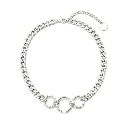 Punk O-Ring Choker Necklace for Women Men Non tarnish Chunky Stainless Steel Cuban Link Chain Collar Necklace Adjustable Goth Statement Jewelry Accessories - color: silver 3 rings