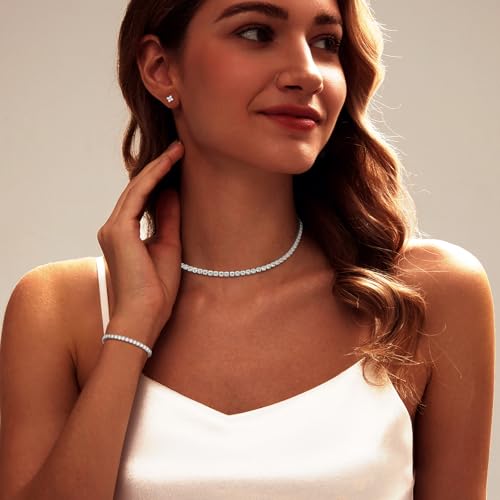 Luxval Tennis Necklace Set for Women Tennis Bracelets Diamond Earrings Sterling Silver Necklace Wedding Jewelry for Bride Silver Jewelry Sets for Women Gift - color: Silver-flower tennis set