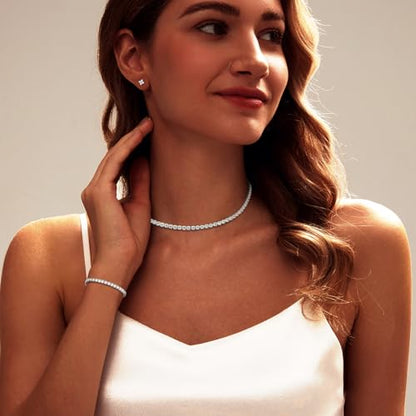 Luxval Tennis Necklace Set for Women Tennis Bracelets Diamond Earrings Sterling Silver Necklace Wedding Jewelry for Bride Silver Jewelry Sets for Women Gift - color: Silver-flower tennis set