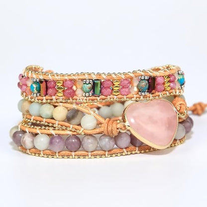 Women Wrap Bracelets Boho Natural Stone Jasper Turquoises Strand Bracelet Jewelry Collection - color: Pink
