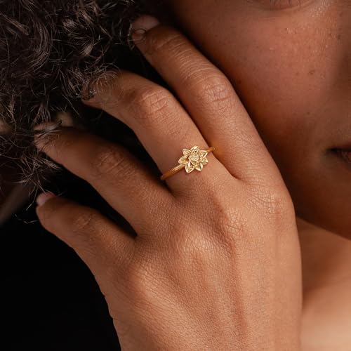 Birth Flower Stacking Ring for Women | 14K Gold Plated Brass, 12 Engraved Floral Motifs, Slim Stack-Ready Band, Available in US Sizes 5-9 - style: Jul.-Lotus