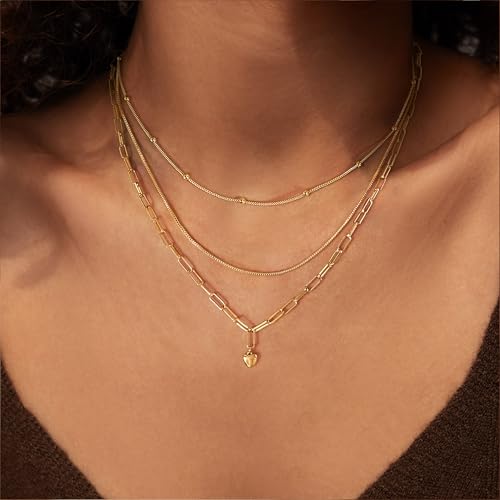 Dainty Layered Necklaces for Women,14k Gold Plated CZ Choker Necklace Stack | 14K Gold Plated Necklace set,Non Tarnish Hypoallergenic Beaded Paperclip Chain Necklace Stack Women's Minimalist Jewelry Gift - color: Gold-5