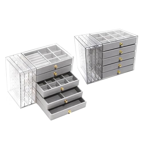 grey Jewelry Box Organizer, Transparent Acrylic Case with Velvet-Lined 5 drawers and 2 side drawers, Versatile Compartments for Earrings, Rings, Necklaces, Bracelets - color: Grey