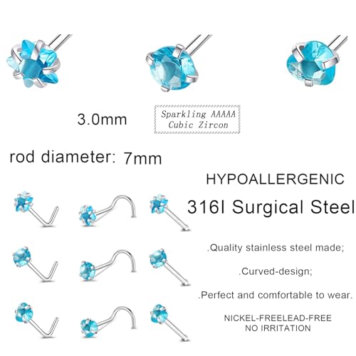 9PCS 20g Stainless Steel 316L Nose Studs Set | Hypoallergenic L-Shaped Screw & Bone Nose Rings, Round Heart Star Pink Cubic Zirconia Nose Piercing Jewelry for Women Men - style: studs004