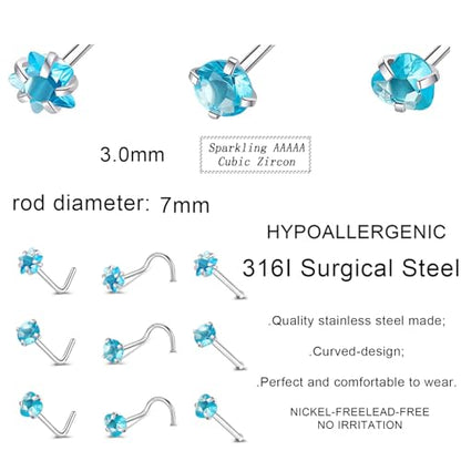 9PCS 20g Stainless Steel 316L Nose Studs Set | Hypoallergenic L-Shaped Screw & Bone Nose Rings, Round Heart Star Pink Cubic Zirconia Nose Piercing Jewelry for Women Men - style: studs004