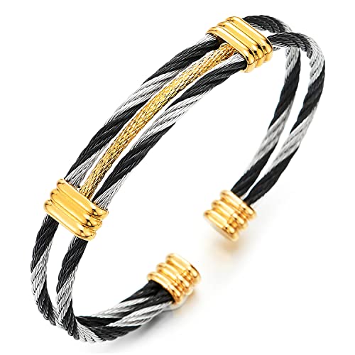 COOLSTEELANDBEYOND Men Women Stainless Steel Twisted Cable Adjustable Cuff Bangle Bracelet - color: I-Metal Color: Black & Silver & Gold