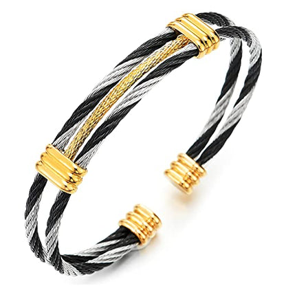 COOLSTEELANDBEYOND Men Women Stainless Steel Twisted Cable Adjustable Cuff Bangle Bracelet - color: I-Metal Color: Black & Silver & Gold