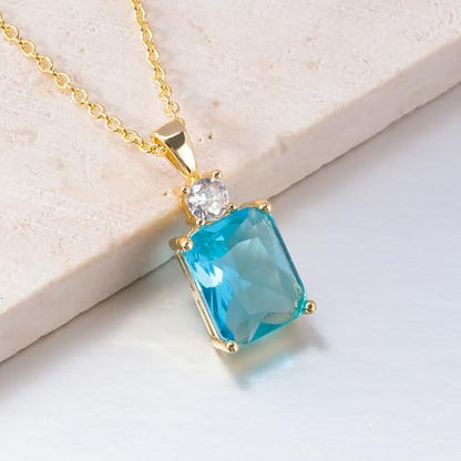 CiNily Rectangular Crystal Necklace for Women Trendy, Pendant Necklace with Chain 14K White Gold | Gold Plated Multicolor Birthstone Pendant Necklaces Boho Jewelry for Christmas Birthday Wedding - color: Gold-Blue cz