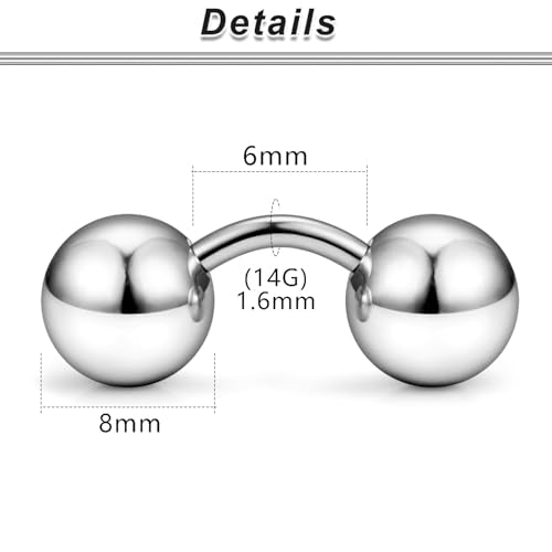 G23 Titanium 16G 14G 12G Big Piercing Balls PA Rings Piercing Jewelry Hypoallergenic Externally Threaded Curved Barbell VCH Piercing Jewelry Women Men 6mm 8mm 10mm Balls - style: 14G Titanium-6mm bars-8mm balls