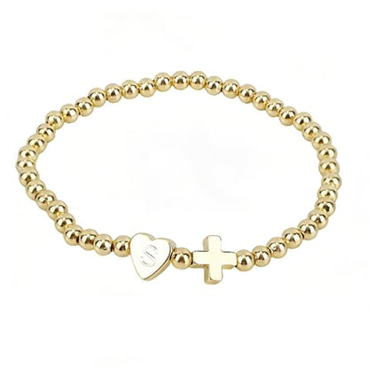 Mikovivi Women's Cross Bracelet with Initial Beads, Elastic Heart Alphabet Charm Stackable Beaded Bracelet Religious Christian Jewelry Gift - style: Letter S