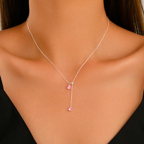 925 Sterling Silver Dainty Cubic Zirconia Lariat Heart Necklace for Women | 14k Gold Plated Cute Pink Crystal Love Heart Pendant Necklaces Adjustable Diamond Y Shaped Drop Chain Necklace Jewelry Gift - color: Silver
