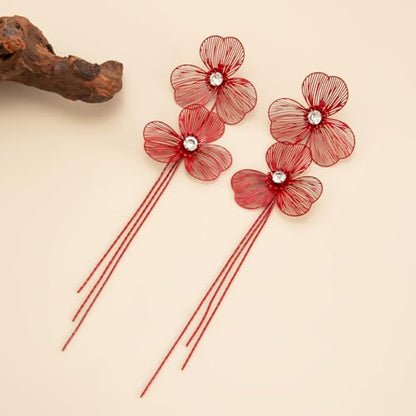 Gold Flower Tassel Dangle Earrings for Women,Boho Chunky Floral Long Fringe Statement Earring,Fashion Spring Jewelry Party Prom Accessories - color: Red