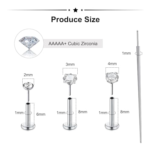 Zolure 18G/20G Flat Back Earrings Stud Threadless Nose Studs Surgical Steel Push in Earrings Tragus Cartilage Labret Helix Lip Conch Medusa Piercing Jewelry - color: 18G Silver #2