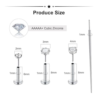 Zolure 18G/20G Flat Back Earrings Stud Threadless Nose Studs Surgical Steel Push in Earrings Tragus Cartilage Labret Helix Lip Conch Medusa Piercing Jewelry - color: 18G Silver #2