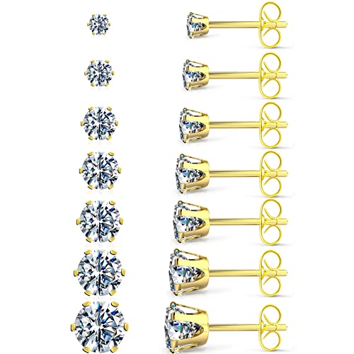 Silver Gold Black Stud Earrings Set 7Pairs Hypoallergenic Cubic Zirconia Titanium Stainless Steel Silver Rose Gold Black CZ Cartilage Stud Earrings Jewelry Sets for Women Men, 2-8mm CZ Stud Earrings - color: 7Pairs Bling Gold Stud Earrings