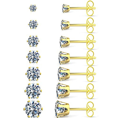 Silver Gold Black Stud Earrings Set 7Pairs Hypoallergenic Cubic Zirconia Titanium Stainless Steel Silver Rose Gold Black CZ Cartilage Stud Earrings Jewelry Sets for Women Men, 2-8mm CZ Stud Earrings - color: 7Pairs Bling Gold Stud Earrings