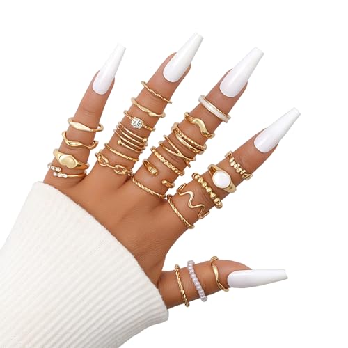 15-25 Pcs Chunky Gold Rings Set for Women, Stackable Finger Midi Rings, Dainty Gold Stacking Statement Womens ring pack - color: A-Gold-25Pcs
