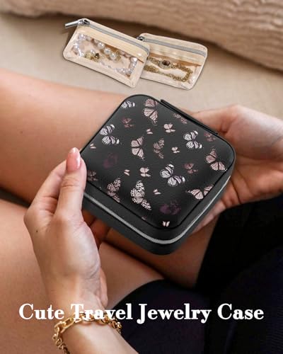 Bistup Travel Jewelry Case - Small Jewelry Organizers and Storage Box for Women Girls Teens Cute Traveling Jewelry Holder Mirror Little Tiny Compact Modern Unique Aesthetic Pretty, Black Butterfly - style: Black Butterfly