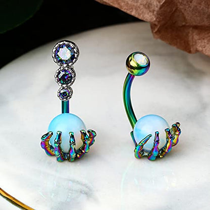 CM Crareesi Mania Skull Hand Halloween Belly Button Rings Natural Stone Claw Piercing Navel Rings for Women - color: Rainbow Claw