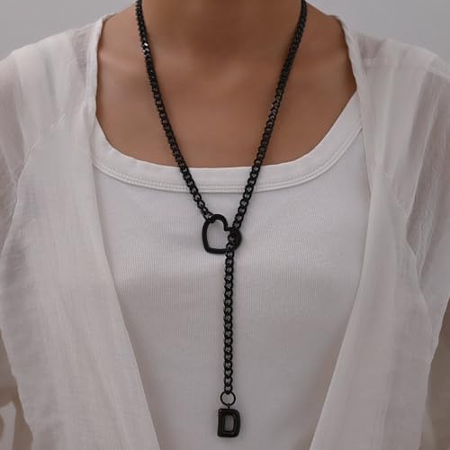 sroyte Black Heart Slip Chain Initial Necklaces for Women,Stainless Steel O-Ring Adjustable Lariat Heart Y-Necklace,Punk Gothic Cuban Collar Choker Necklace for women - color: Black D