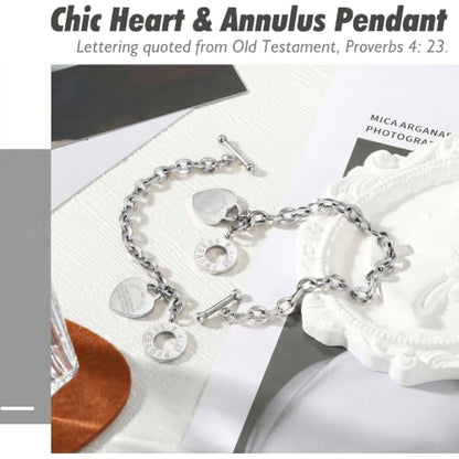 Emibele Heart Charm Bracelet for Women, Bible Verse Bracelet Stainless Steel 18K Gold Plated Bracelet Love Pendant Link Chain OT Clasp, Birthday Christmas Jewelry Gift for Mother Her - color: Silver Heart