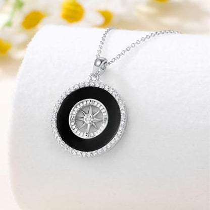 AOBOCO 2026 Graduation Gifts 925 Sterling Silver Compass Pendant Necklace High School College Graduation Jewelry Gifts for Women Daughter - style: C-Black Onyx