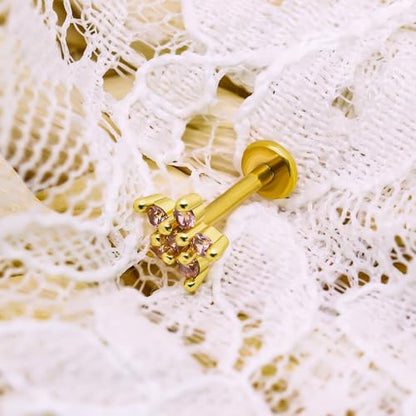 VERAMI 16G Surgical Steel Pushin Lip Rings Butterfly Flower Bee Nose Stud Rings Top Push in Threadless Flat Back Nose Rings Studs Cartilage Earrings for Womens - color: Gold-Pink CZ
