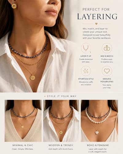 Natural Heishi Gemstone Choker Necklace for Women, Adjustable 15"+2" Beaded Layering Necklace, Coastal Beach Jewelry Gift for Her - color: Dumortierite
