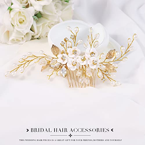Gold Silver Flower Bride Wedding Hair Comb Pearl Bridal Side Comb Crystal Hair Piece Leaf Hair Accessories for Women and Girls - color: T- Gold