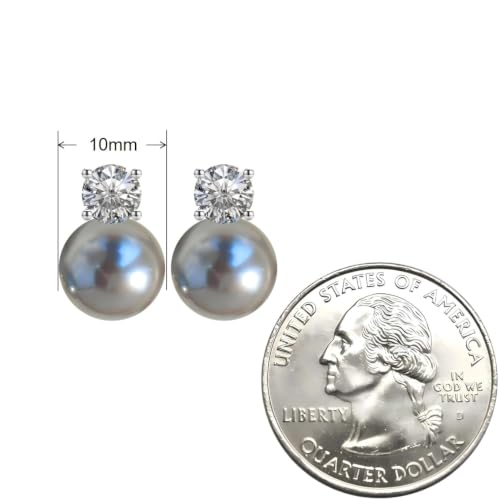 Faux Pearl Cubic Zirconia Stud Earrings, Hypoallergenic Lightweight Round Pearl Studs for Women - color: Blueish Silver, size: Pearl 10mm-CZ 6mm