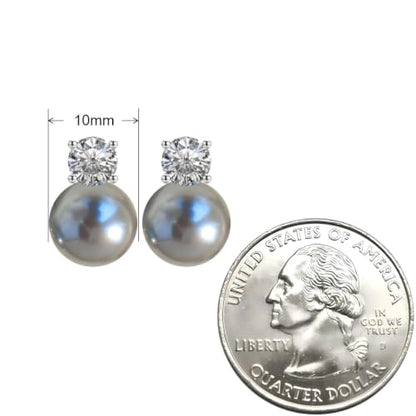 Faux Pearl Cubic Zirconia Stud Earrings, Hypoallergenic Lightweight Round Pearl Studs for Women - color: Blueish Silver, size: Pearl 10mm-CZ 6mm