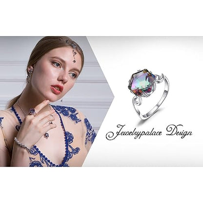 JewelryPalace Fancy Cut 5.7ct Multicolor Genuine Rainbow Quartz Cocktail Rings for Her, 14K White Yellow Rose Gold Plated 925 Sterling Silver Ring for Women, Natural Gemstone Jewelry Rings - color: A-sterling Silver