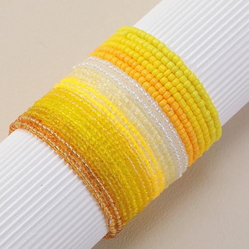 16-30Pcs Handmade Bohemian Colorful Crystal Seed Beads Stackable Adjustable Elastic Stretch Multilayerd Bracelets for Women Summer Vacation Beach Boho Bangle Jewelry - color: yellow