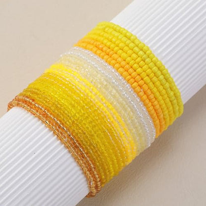 16-30Pcs Handmade Bohemian Colorful Crystal Seed Beads Stackable Adjustable Elastic Stretch Multilayerd Bracelets for Women Summer Vacation Beach Boho Bangle Jewelry - color: yellow