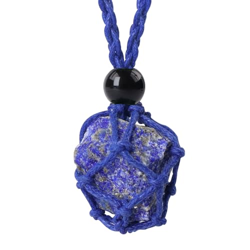 Handwoven Natural Gemstone Crystal Cage Pendant Necklace, Crystal Necklaces for Women Stone Holder Necklace Cord - color: Lapis Lazuli