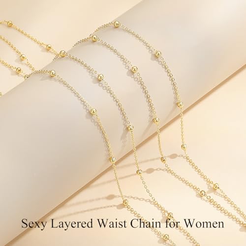 Yowivon Waist Chain for Women, 14K Gold Plated Body Chain, Dainty Cuban Layered Belly Beads Chains, Waterproof Adjustable Sexy Bikini Beach Jewelry Accessories Daily Belts Gifts - style: 1Pcs-Bead
