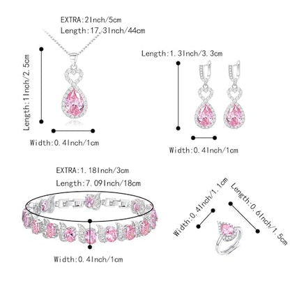 Wedding Jewelry Set for Women Bride Bridesmaid | Gorgeous Cubic Zirconia Teardrop Necklace Earrings Bracelet Adjustable Ring Jewelry Gift for Birthday/Anniversary - color: Heart-Pink
