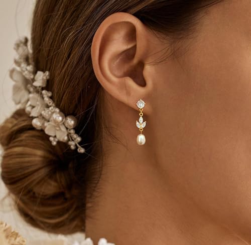 Pearl Earrings for Women Trendy, 14k Gold Plated Freshwater CZ Leaf Pearl Dangle Drop Gold Earrings Lightweight Hypoallergenic Stud Earring Bridesmaid Wedding Gold Jewelry for Women Gifts - style: gold pearl earrings